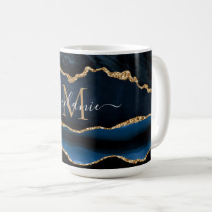 Navy Blue Gold Marmor Custom Letter Name Tasse Ges