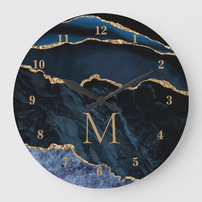 Navy Blue Gold Marmor Custom Letter Wall Uhr (Vorderseite)
