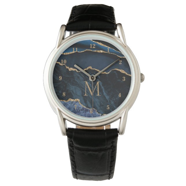 Navy Blue Gold Marmor Custom Letter Watch Geschenk Armbanduhr (Vorderseite)