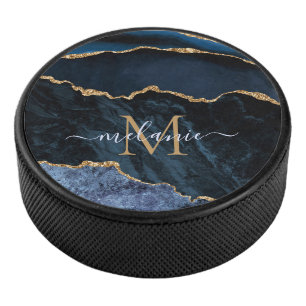 Navy Blue Gold Marmor Ihr Letter Name Hockey Puck
