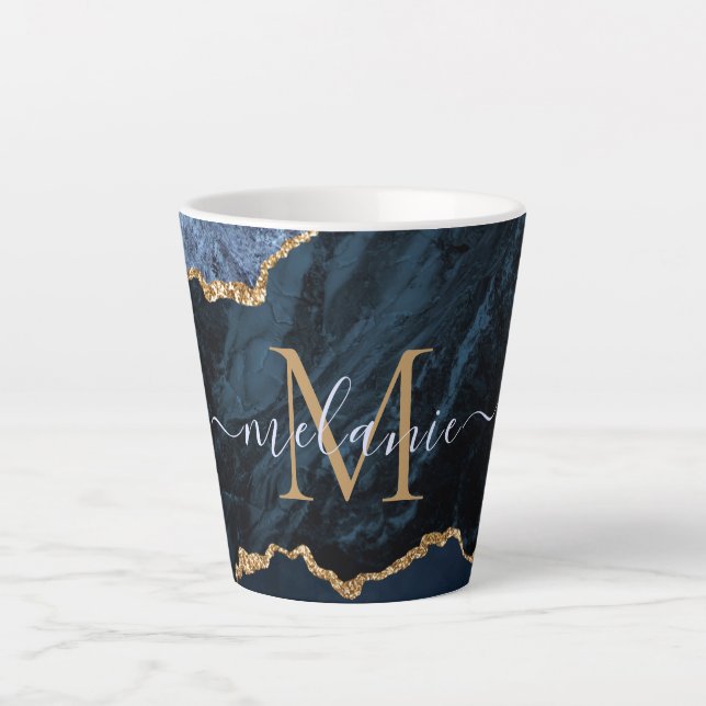 Navy Blue Gold Marmor Ihr Letter Name Latte Tasse (Vorderseite)