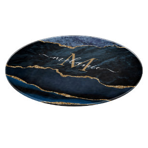 Navy Blue Gold Marmor Monogram Name Cutting Board Schneidebrett