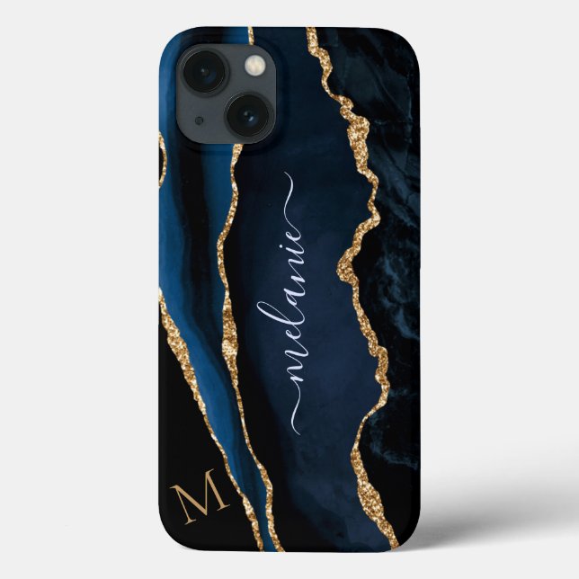 Navy Blue Gold Marmor Monogram Name iPhone Case (Rückseite)