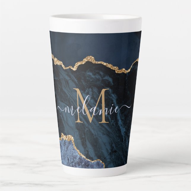 Navy Blue Gold Marmor Monogram Name Latte Tasse (Vorderseite)