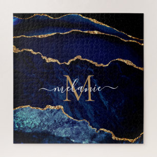 Navy Blue Gold Marmor Monogram Name Puzzle Geschen