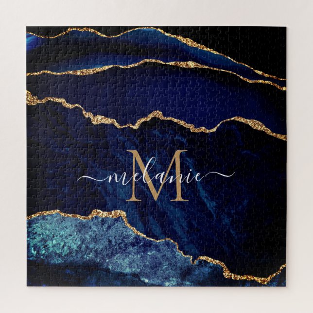 Navy Blue Gold Marmor Monogram Name Puzzle Geschen (Vertikal)