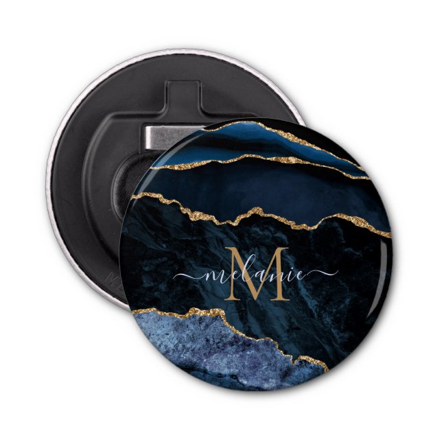 Navy Blue Gold Marmorname Letter Flaschenöffner (Vorderseite)