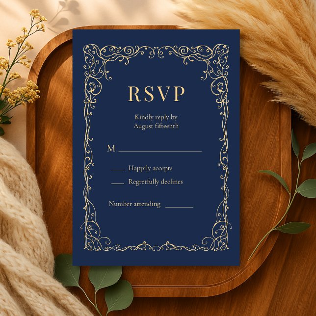Navy Blue Gold Minimalist Wedding RSVP  Karte (Von Creator hochgeladen)