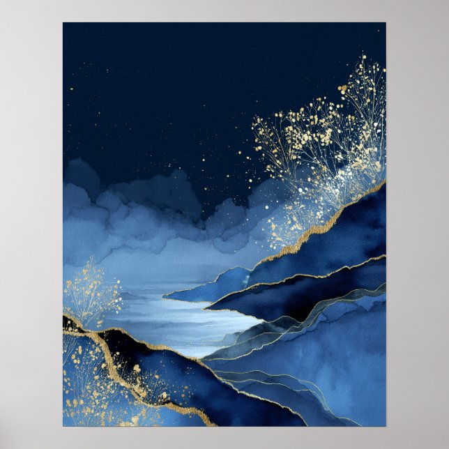 Navy Blue Gold Modern Abstract Landscape Wall Art Poster (Vorne)
