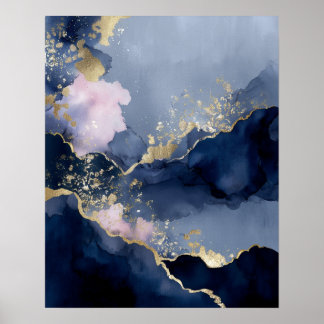 Navy Blue Gold Modern Abstract Wall Art Poster