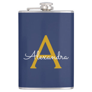 Navy Blue Gold Modern Script Girl Monogram Name Flachmann