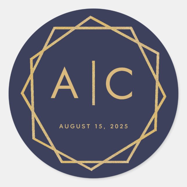 Navy Blue & Gold Moderne Geometric Wedding Monogra Runder Aufkleber (Vorderseite)