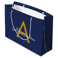 Navy Blue Gold Moderne Script Girl Monogram Name