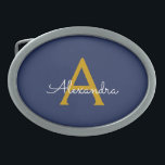 Navy Blue Gold Moderne Script Girl Monogram Name Ovale Gürtelschnalle<br><div class="desc">Navy Blau und Gold einfache Script Monogram Name Gelt Buckle. Das macht den perfekten Abschluss,  süß 16 16.,  18.,  21.,  30.,  40.,  50.,  60.,  70.,  80.,  90.,  100. Geburtstag,  Hochzeit,  Brautparty,  Jubiläum,  Babydusche oder Junggeselinnen-Abschied Geschenk für jemanden,  der Luxus und Chic Stil Lieben glänze.</div>