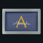Navy Blue Gold Moderne Script Girl Monogram Name Rechteckige Gürtelschnalle<br><div class="desc">Navy Blau und Gold einfache Script Monogram Name Gelt Buckle. Das macht den perfekten Abschluss,  süß 16 16.,  18.,  21.,  30.,  40.,  50.,  60.,  70.,  80.,  90.,  100. Geburtstag,  Hochzeit,  Brautparty,  Jubiläum,  Babydusche oder Junggeselinnen-Abschied Geschenk für jemanden,  der Luxus und Chic Stil Lieben glänze.</div>