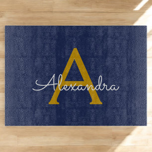 Navy Blue Gold Moderne Script Girl Monogram Name Schneidebrett
