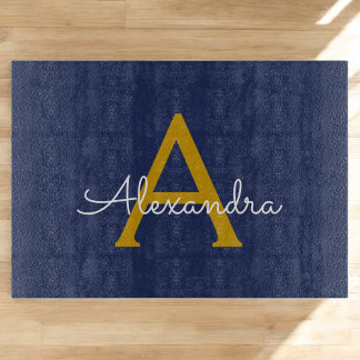 Navy Blue Gold Moderne Script Girl Monogram Name Schneidebrett
