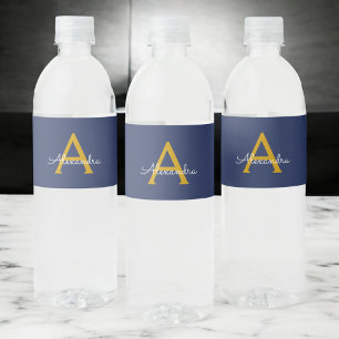 Navy Blue Gold Moderne Script Girl Monogram Name Wasserflaschenetikett