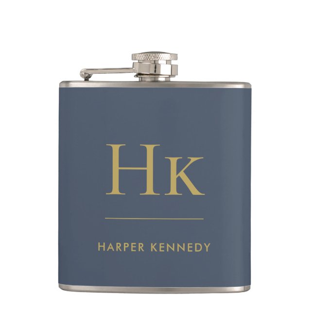 Navy Blue Gold Monogram Elegant Personalisiert Flachmann (Vorderseite)