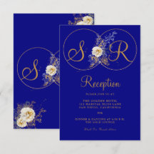Navy Blue Gold Monogram Empfang Card