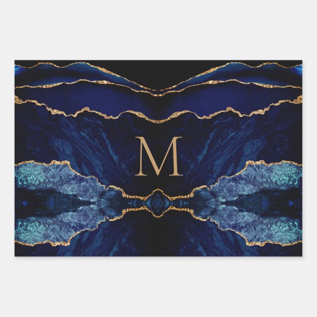 Navy Blue Gold Monogram, Ihre Wrapping Paper Sheet Geschenkpapier Set (Vorderseite 2)