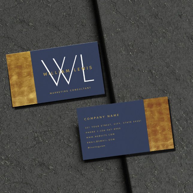 Navy Blue Gold Monogram Modern Minimalistisch Visitenkarte (Von Creator hochgeladen)