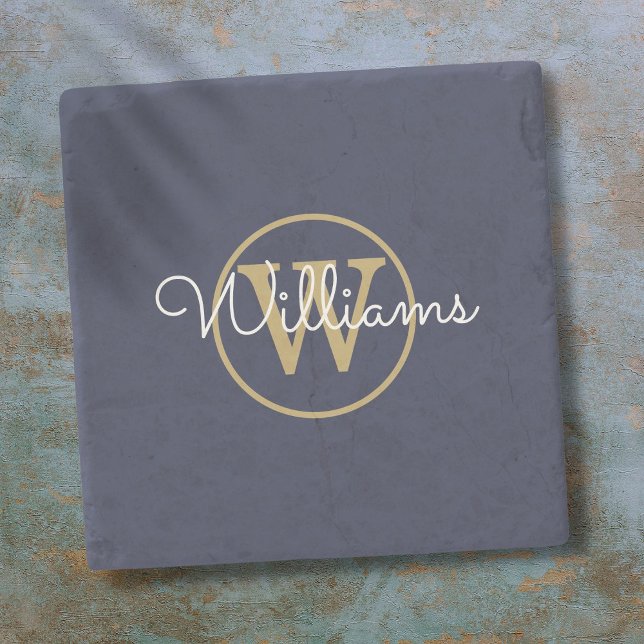 Navy Blue Gold Monogram Script Name Steinuntersetzer (Navy Blue Gold Monogram Script Name Stone Coaster)