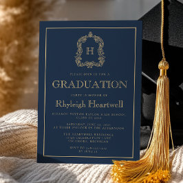 Navy Blue Gold Monogram Wappen Graduation Party Einladung