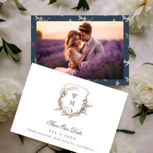 Navy Blue Gold Monogram Wappen Wedding Save The Date