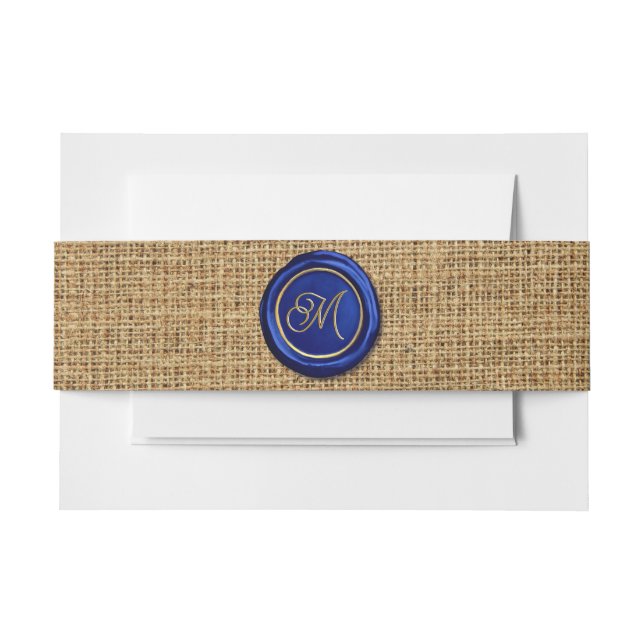 Navy Blue & Gold Monogram Wax Siegel Rustic Burlap Einladungsbanderole (Vorderseite Beispiel)