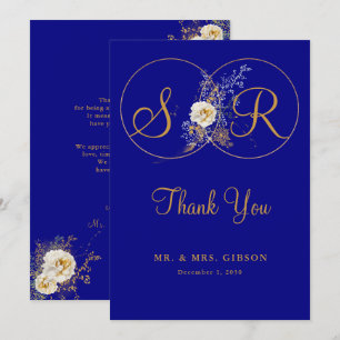 Navy Blue Gold Monogram Wedding Dankeschön Card