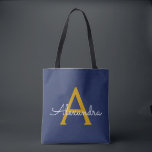 Navy Blue Gold Name Giro Script Monogram Modern<br><div class="desc">Navy Blue und Gold Elegant Fügen Sie Ihren eigenen Namen Monogram Book Bag. Diese Büchertasche kann auf Ihren Vor- und Vornamen angepasst werden und als Geschenk für Weihnachten,  Geburtstag,  Brautparty oder Hochzeit.</div>