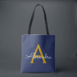 Navy Blue Gold Name Giro Script Monogram Modern<br><div class="desc">Navy Blue und Gold Elegant Fügen Sie Ihren eigenen Namen Monogram Book Bag. Diese Büchertasche kann auf Ihren Vor- und Vornamen angepasst werden und als Geschenk für Weihnachten,  Geburtstag,  Brautparty oder Hochzeit.</div>