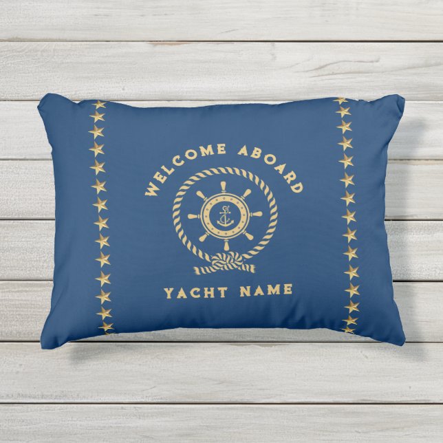 Navy Blue Gold Nautical Boat Wheel Knot Stars Kissen Für Draußen (Vorderseite)