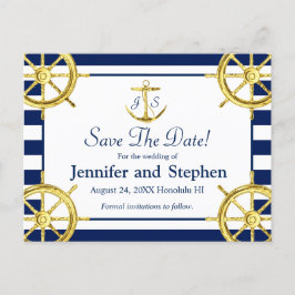 Navy Blue Gold Nautical Wedding rettet das Datum Ankündigungspostkarte
