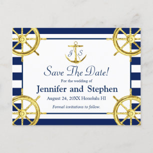 Navy Blue Gold Nautical Wedding rettet das Datum Ankündigungspostkarte