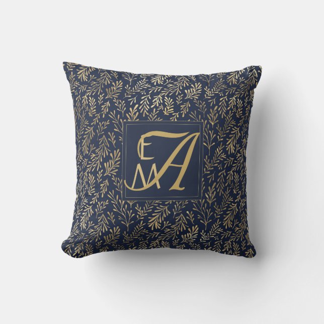 Navy Blue Gold Newly Weds Wedding Monogram Decor Kissen (Vorderseite)