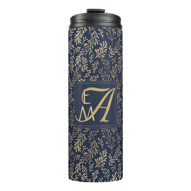 Navy Blue Gold Newly Weds Wedding Monogram Decor Thermosbecher (Vorderseite)