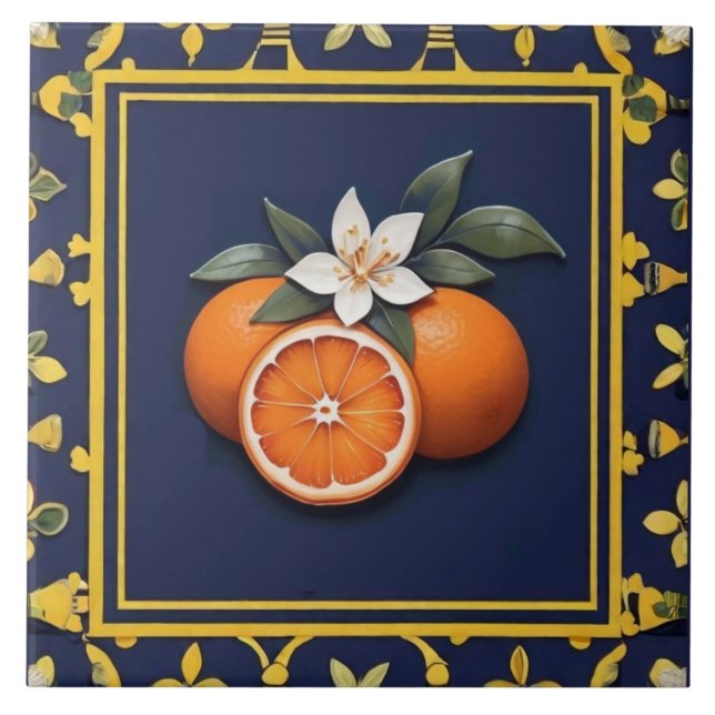 Navy Blue & Gold Oranges Mediterranean Fruit Fliese (Vorderseite)