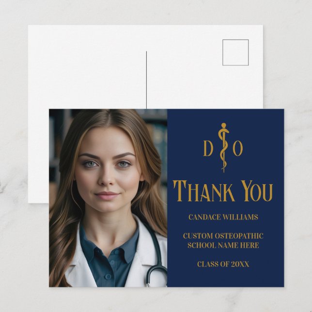 Navy Blue Gold Osteopathic Doctor Foto Vielen Dank Postkarte (Vorne/Hinten)