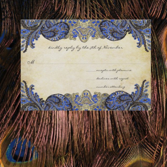 Navy Blue Gold Paisley Peacock Colors Wedding RSVP Karte (Von Creator hochgeladen)