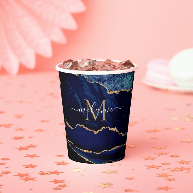Navy Blue Gold Paper Cups Personalized Name Letter Pappbecher (Insitu)