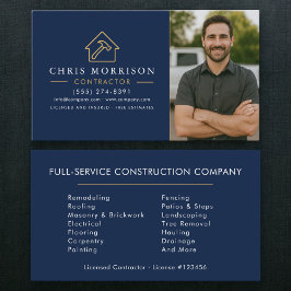 Navy Blue Gold Photo Building Construction Visitenkarte