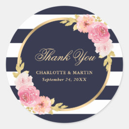 Navy Blue Gold Pink Floral Wedding Vielen Dank Runder Aufkleber