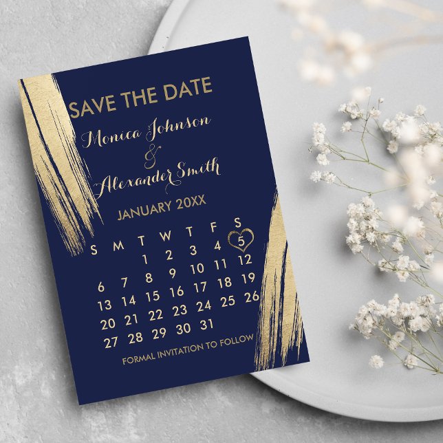 Navy Blue Gold Pinselstriche Kalender Save the Dat Ankündigungspostkarte (Navy Blue Gold Brushstrokes Calendar Save the Date Announcement )