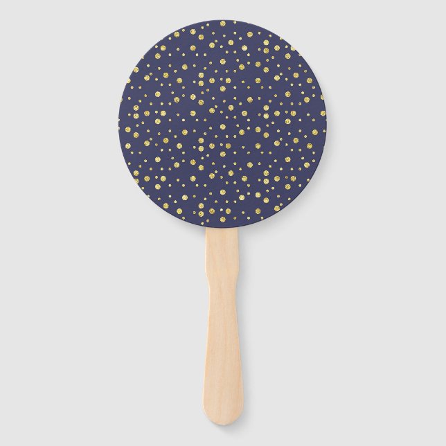 Navy Blue Gold Polka Dots Hand Fan Fächer (Vorderseite)
