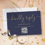 Navy Blue Gold QR Code Elegant Script Kindly Antwo RSVP Karte<br><div class="desc">Eine einfache,  elegante Signatur Skript freundlich antworten marineblau und gold RSVP Karte mit QR-Code. Entwickelt von Thisisnotme©</div>