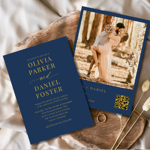 Navy Blue Gold QR Code Foto Elegante Hochzeit Einladung