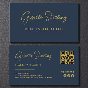 Navy Blue & Gold Real Anwesen Agent QR Code Visitenkarte
