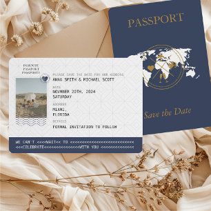 Navy Blue Gold Reisepass Ziel Hochzeitsfoto Save The Date